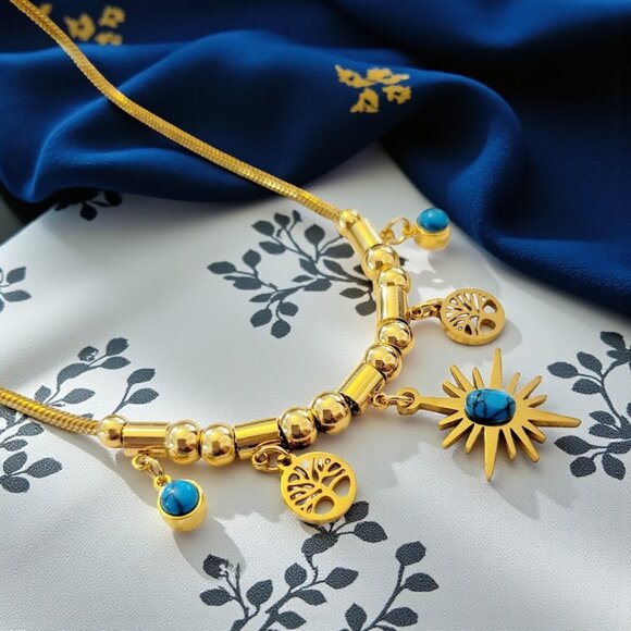 18K Gold Plated Stainless Steel Turquoise Necklace Sun Tree Of Life Charms - Picture 11 of 11